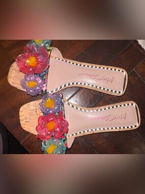 Betsey Johnson Pink Slides with Multicolor Floral Appliqués